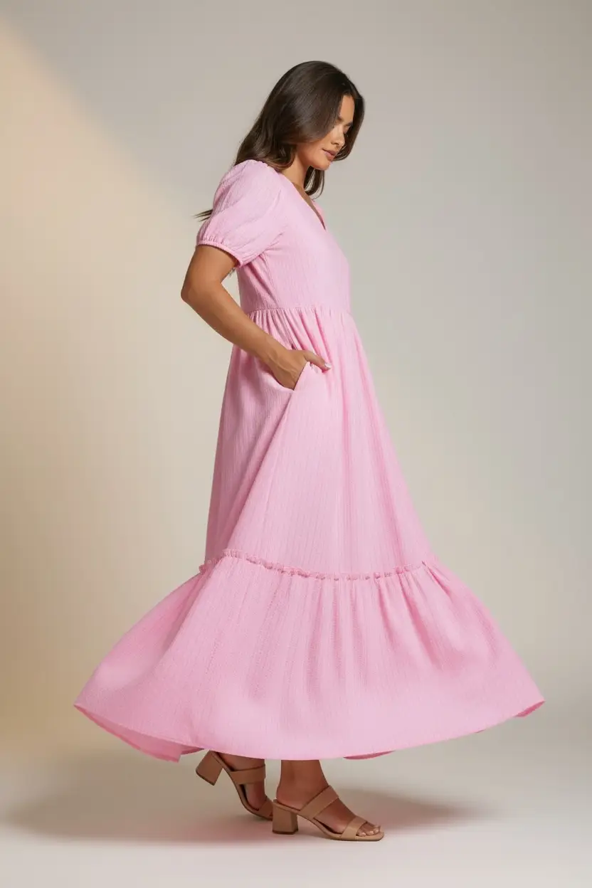 Grateful Threads Boutique The Blush Daydream Stripe Maxi Dress - Dresses Pink Stripe V Neck Puff Short Sleeve Maxi Dress