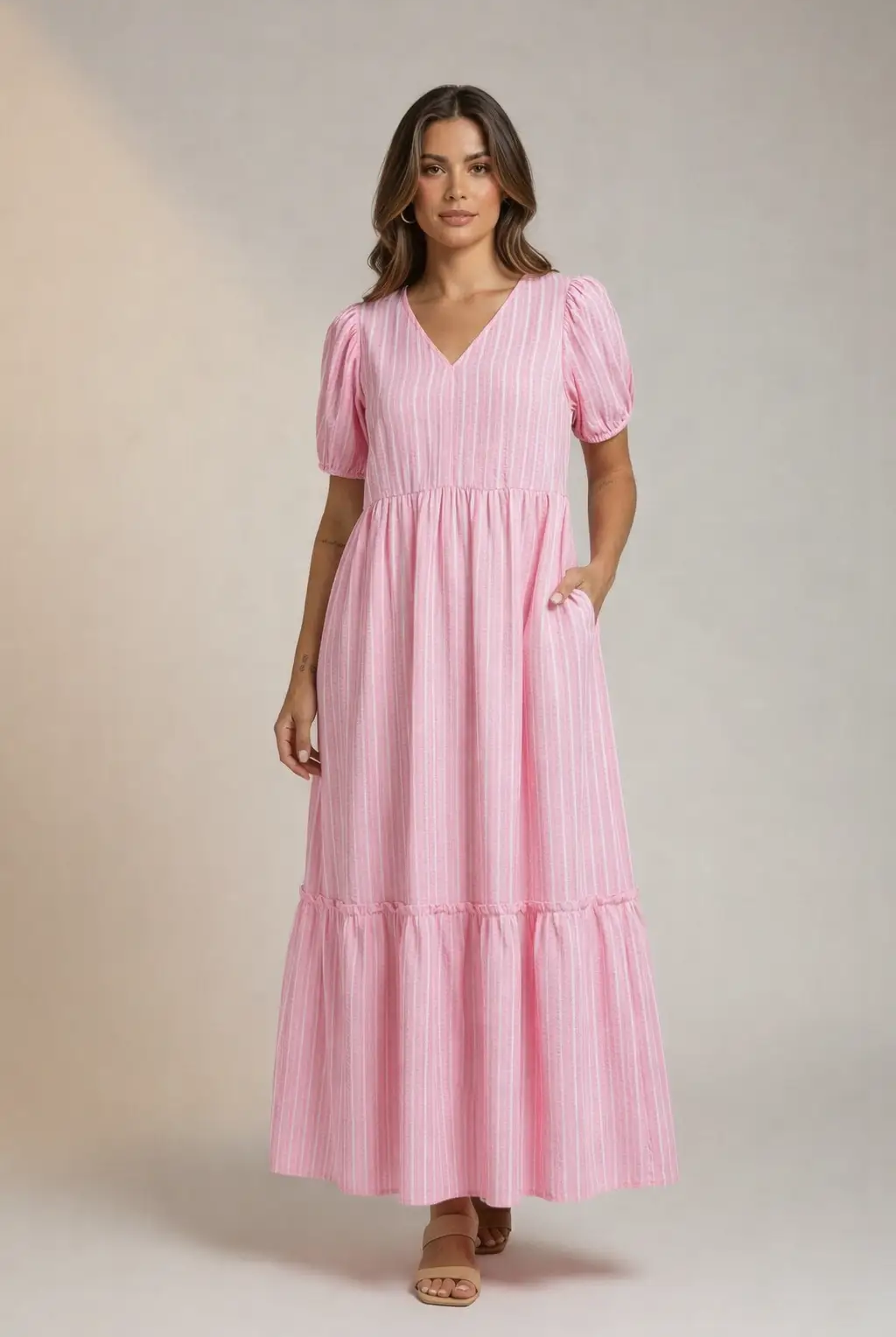 Grateful Threads Boutique The Blush Daydream Stripe Maxi Dress - Dresses Pink Stripe V Neck Puff Short Sleeve Maxi Dress