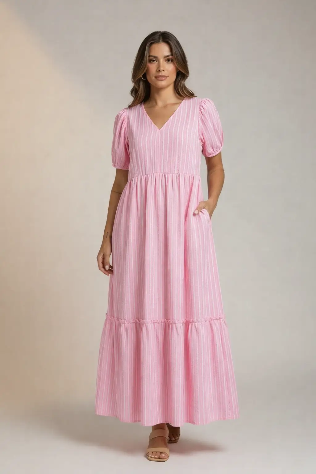Grateful Threads Boutique The Blush Daydream Stripe Maxi Dress - Dresses Pink Stripe V Neck Puff Short Sleeve Maxi Dress