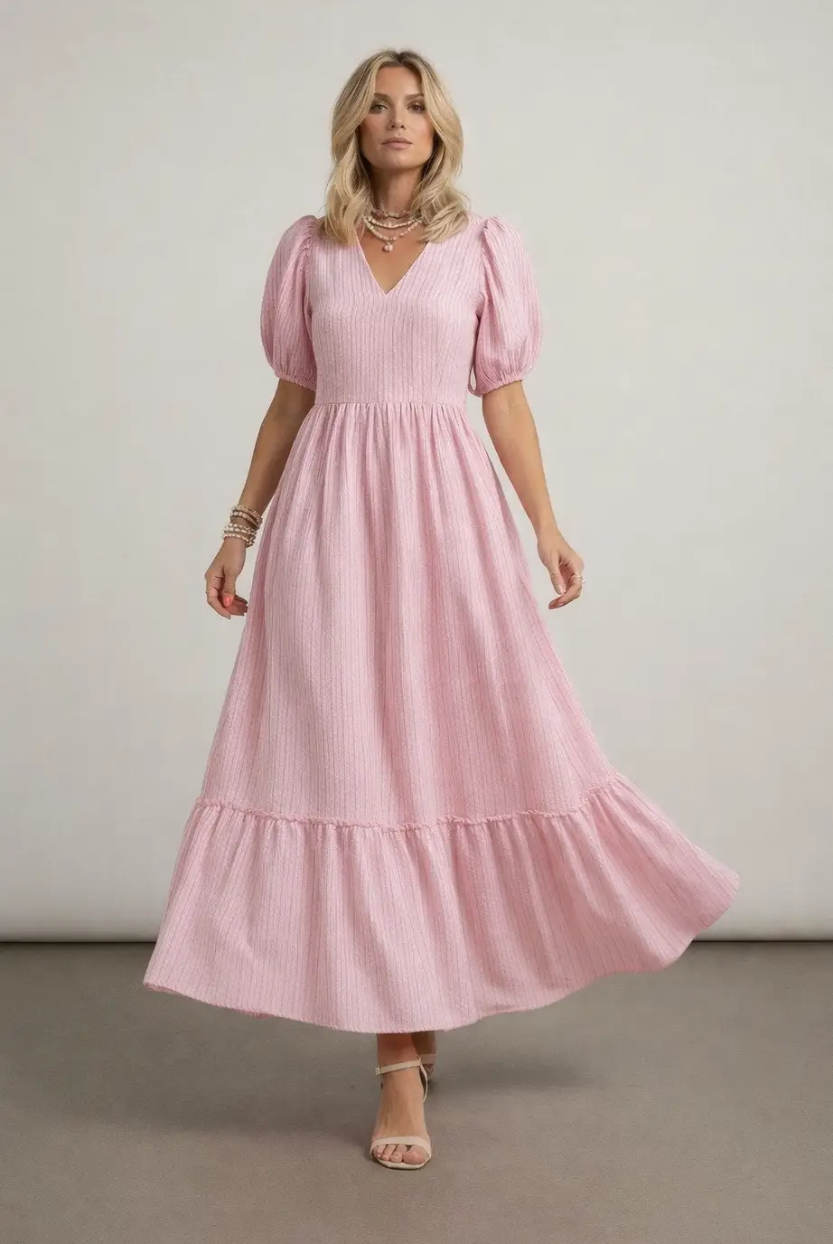 Grateful Threads Boutique The Blush Daydream Stripe Maxi Dress - Dresses Pink Stripe V Neck Puff Short Sleeve Maxi Dress