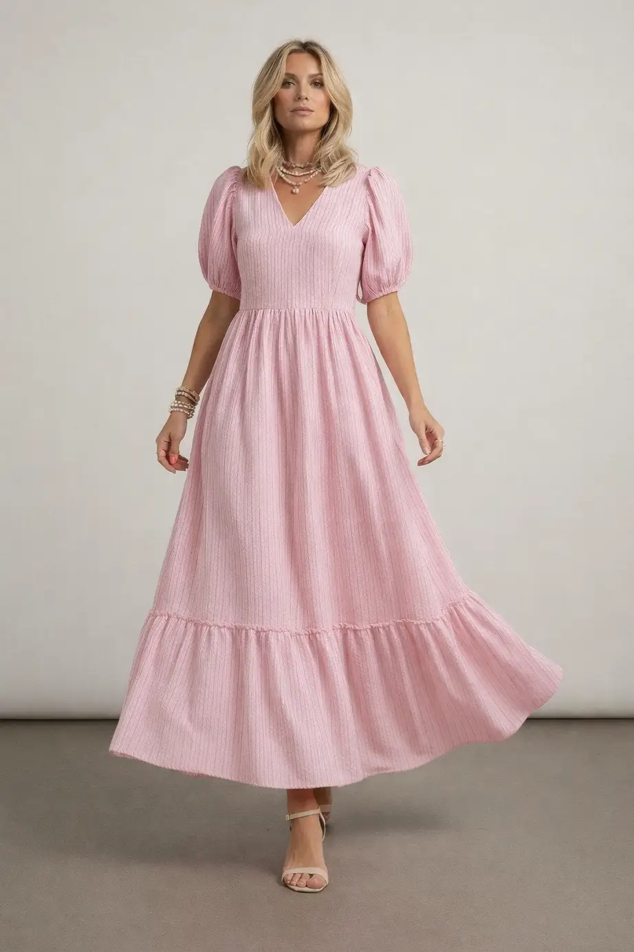 Grateful Threads Boutique The Blush Daydream Stripe Maxi Dress - Dresses Pink Stripe V Neck Puff Short Sleeve Maxi Dress