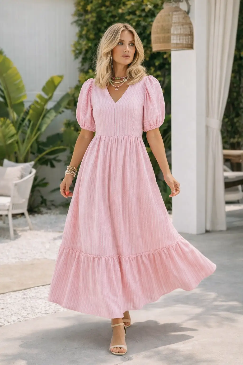 Grateful Threads Boutique The Blush Daydream Stripe Maxi Dress - Dresses Pink Stripe V Neck Puff Short Sleeve Maxi Dress