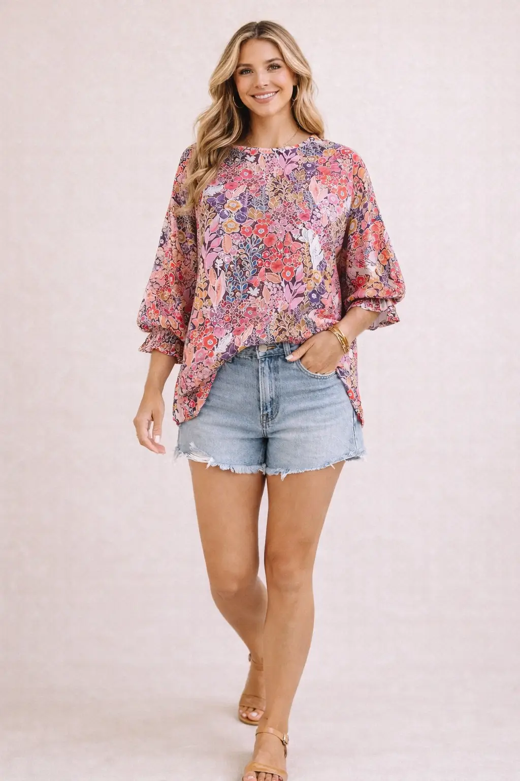 Grateful Threads Boutique Multicolor Wildflower Smocked Sleeve Top - Blouses Multicolor wildflower smocked sleeve top