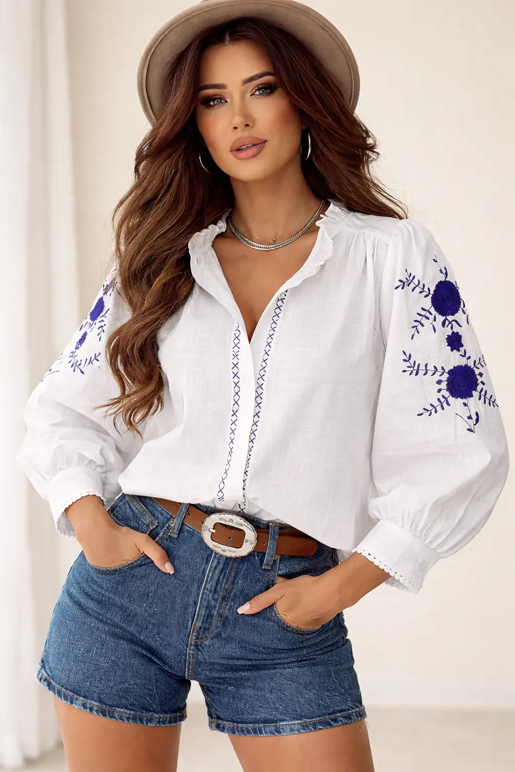 Grateful Threads Boutique White Floral Bracelet Sleeve Shirt - Blouses