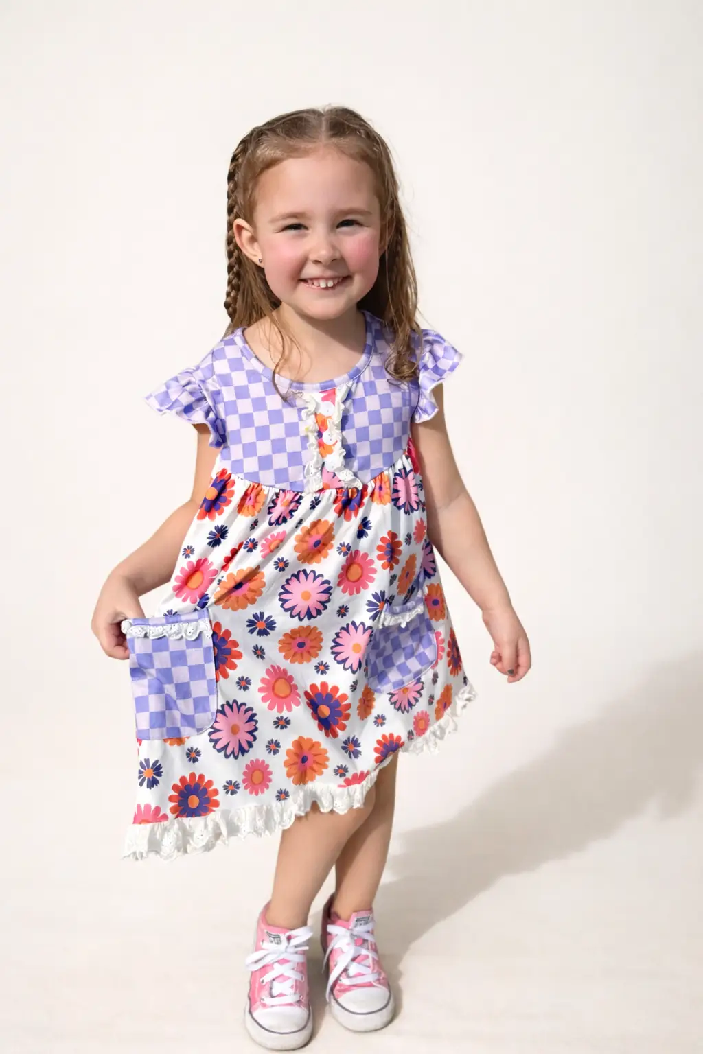 Adorable Sweetness Girls’ Lavender Check Flower Power Short Set - Outfit Sets