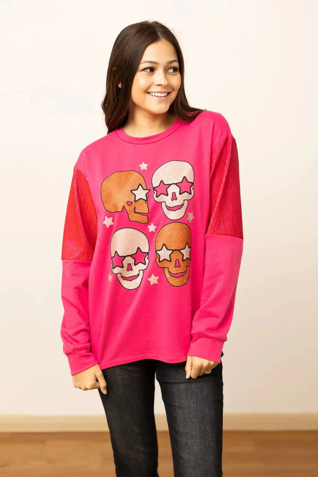 Grace & Emma Shiny Skull Hot Pink Sweatshirt - Sweatshirts