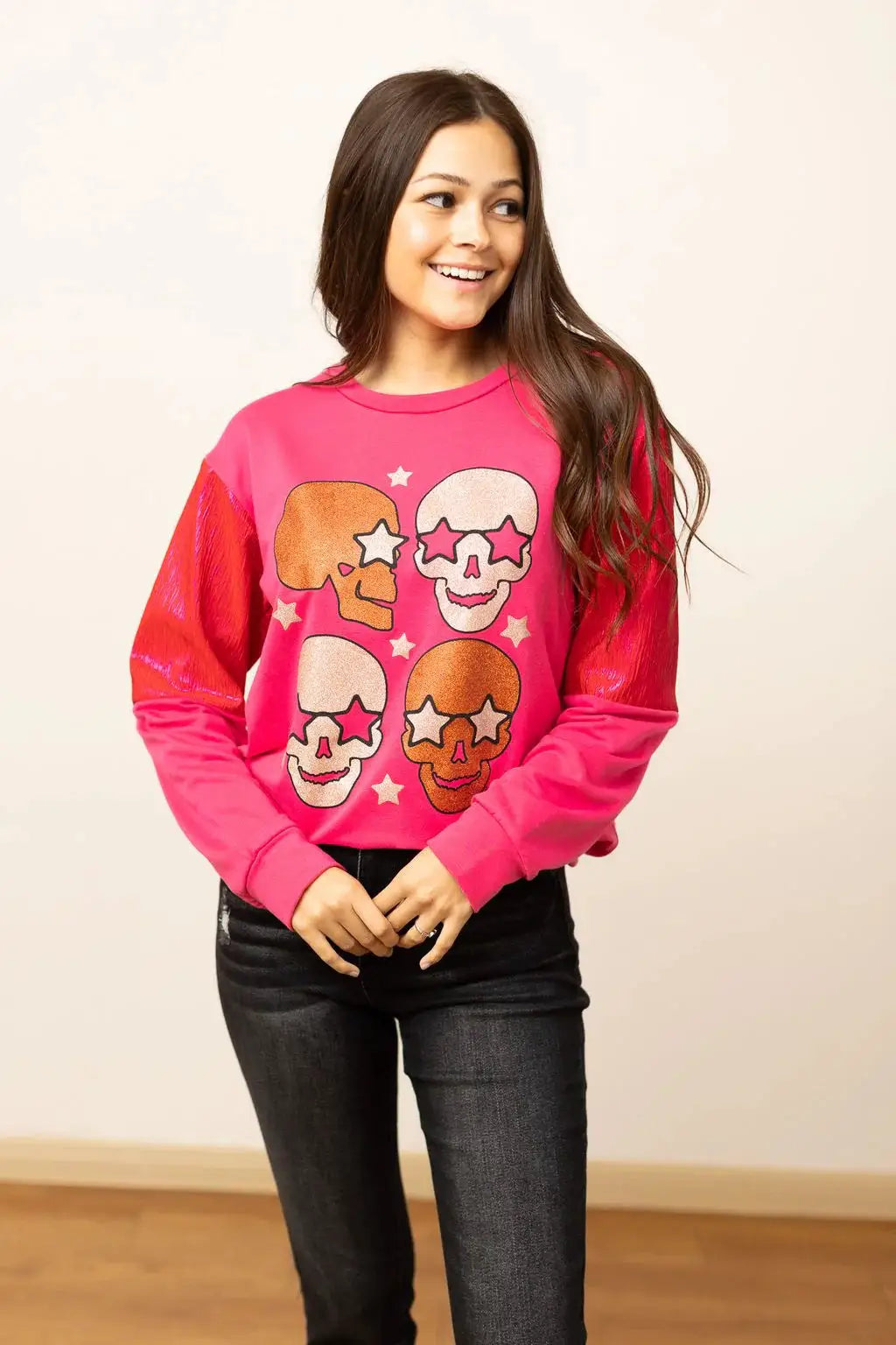 Grace & Emma Shiny Skull Hot Pink Sweatshirt - Sweatshirts