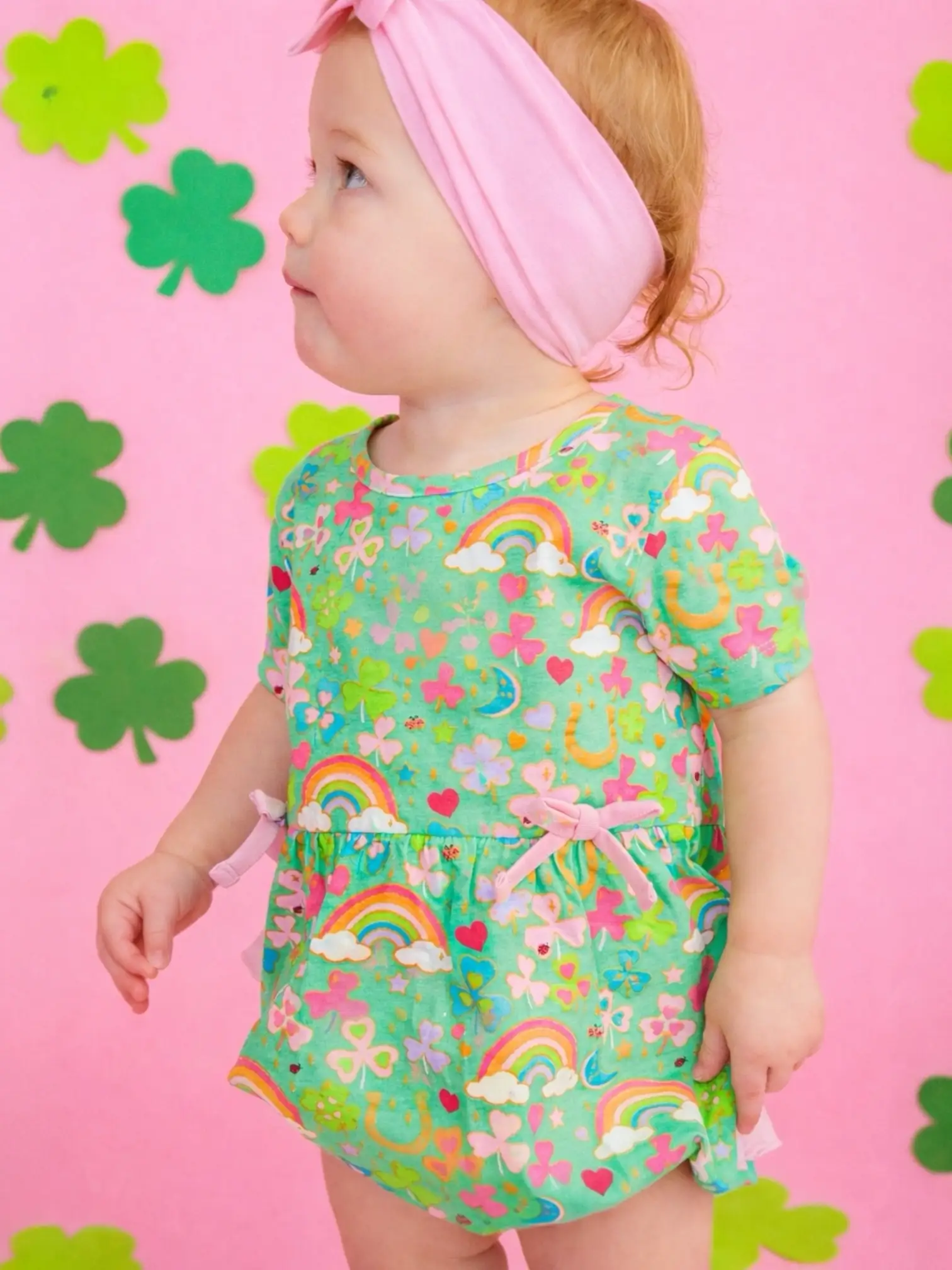 RuffleButts + RuggedButts RuffleButts + RuggedButts - Baby Girls Green Lucky Rainbow Clover Bow Bubble Romper - Baby & Toddler Outfits