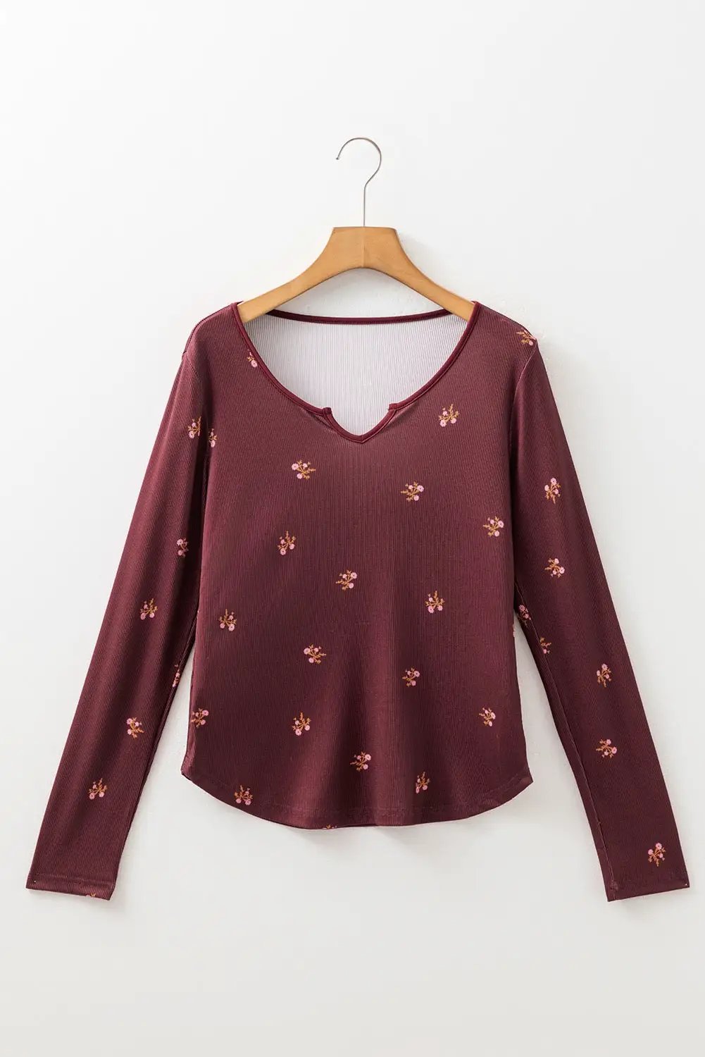 Grateful Threads Boutique Burgundy Notched Neck Floral Print Ribbed Long Sleeve Top - Sweaters Burgundy Notched Neck Floral Print Ribbed Long Sleeve Top