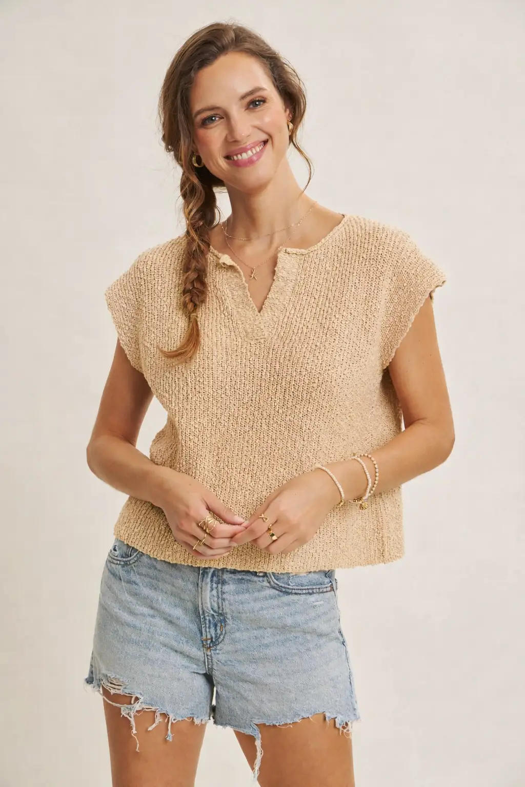in february The Relaxed Fit Slub Knit Top: Biscuit - Blouses