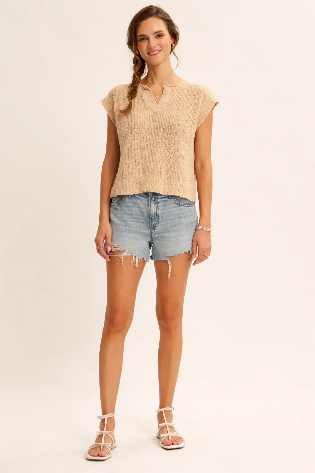 in february The Relaxed Fit Slub Knit Top: Biscuit - Blouses