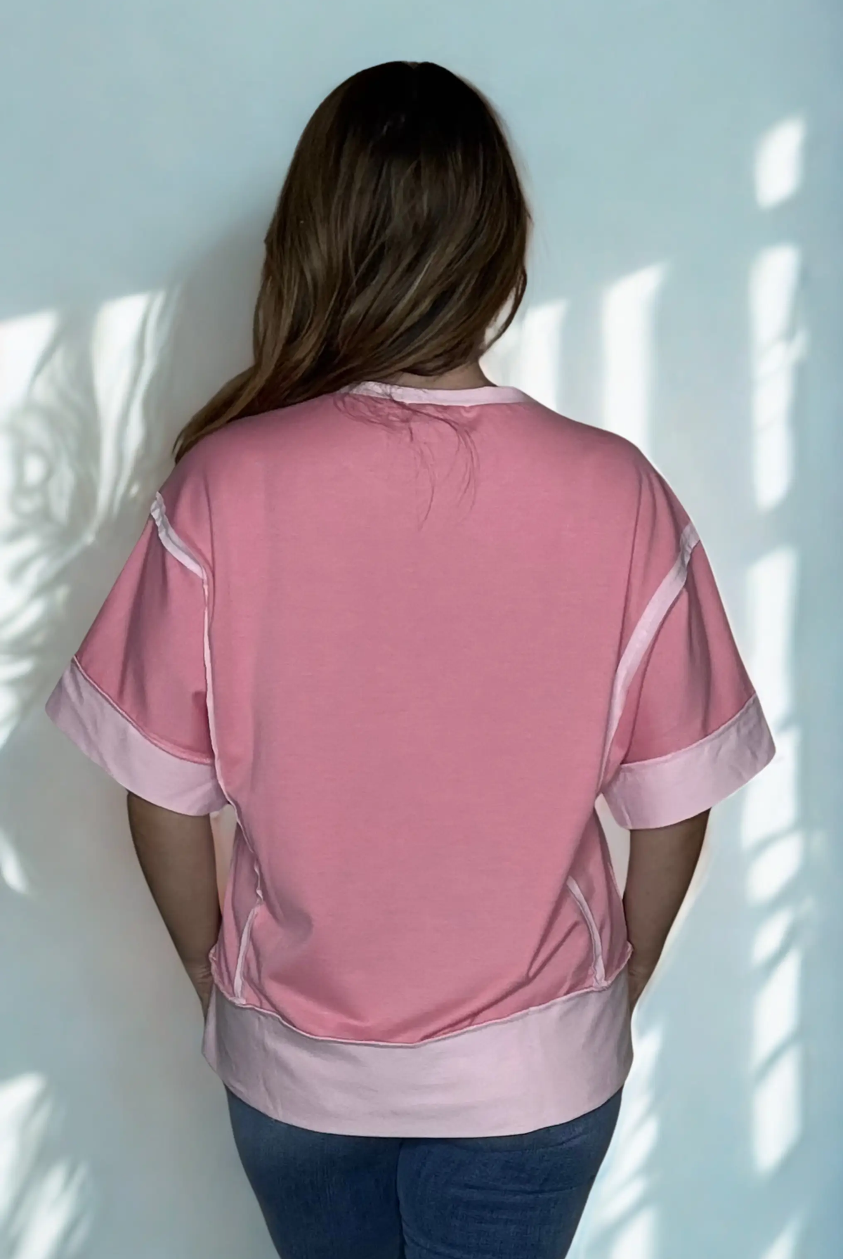 Grateful Threads Boutique Peach Blossom Half Sleeve Raw Seam High Low Side Split Top - Clothing Tops Peach Blossom Half Sleeve Raw Seam High Low Side Split