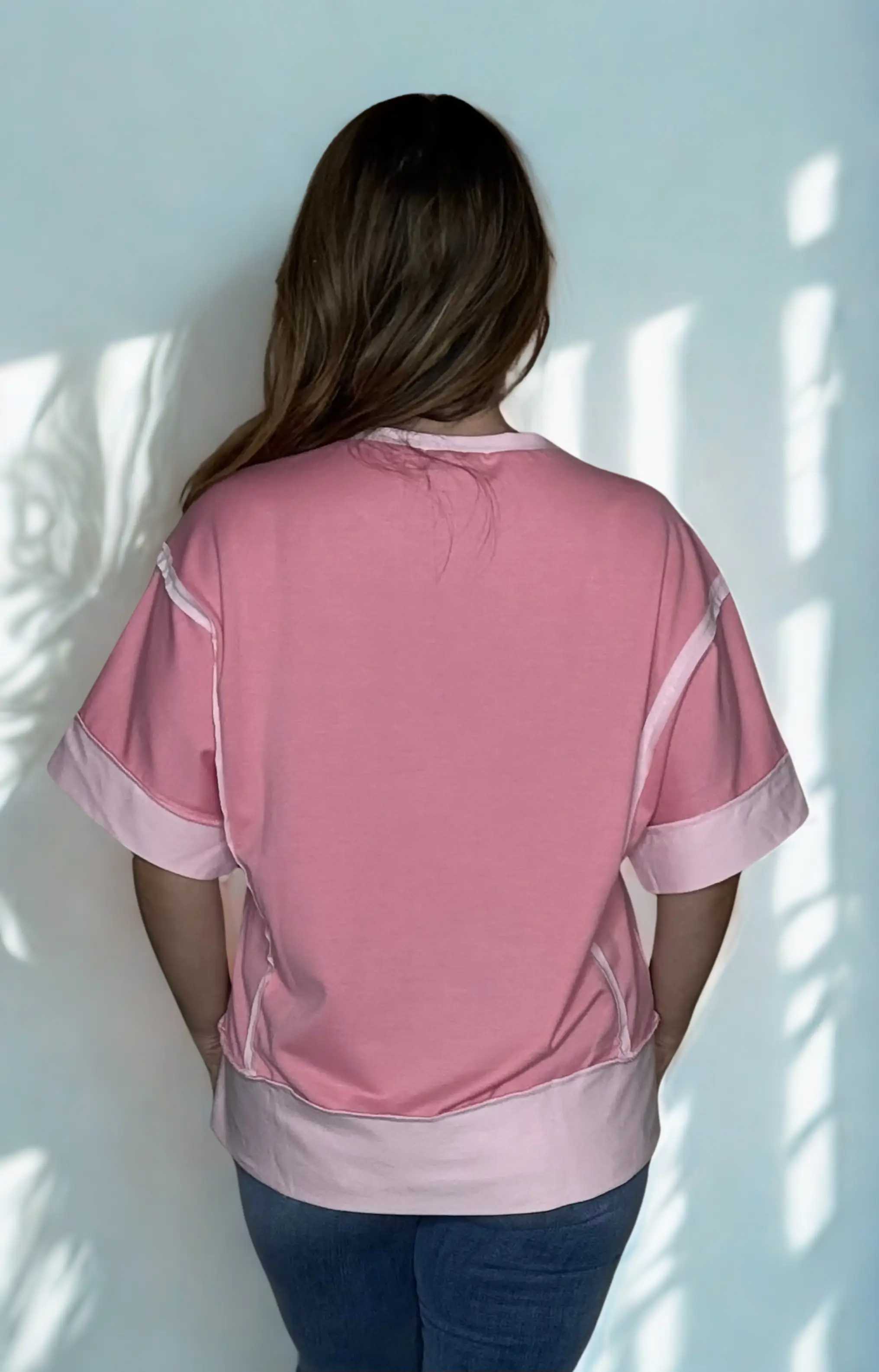 Grateful Threads Boutique Peach Blossom Half Sleeve Raw Seam High Low Side Split Top - Clothing Tops Peach Blossom Half Sleeve Raw Seam High Low Side Split