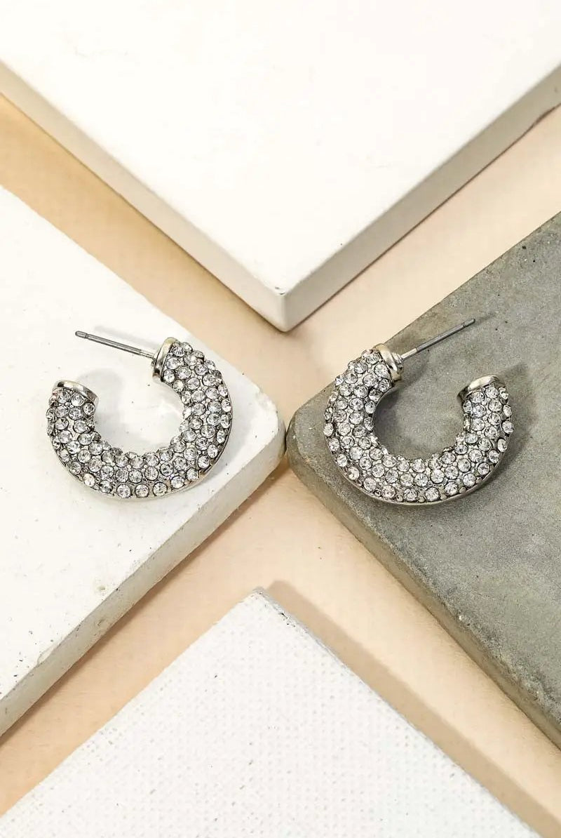 Nette Road Wholesale Covered in Pave Half Hoops: Silver - Earrings