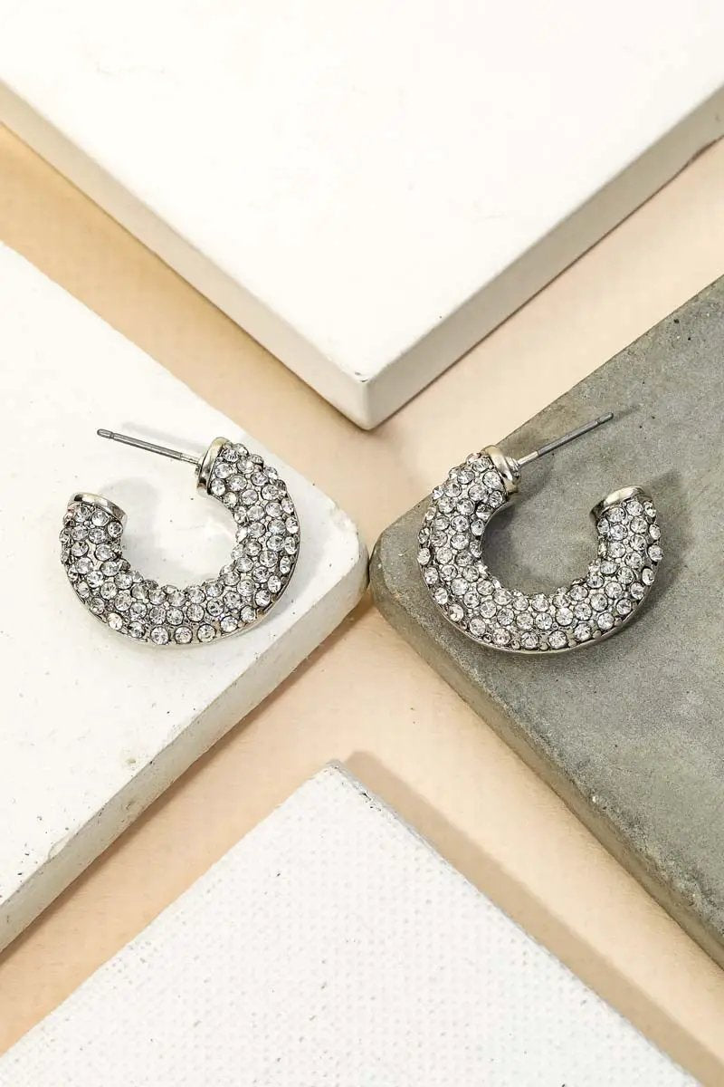 Nette Road Wholesale Covered in Pave Half Hoops: Silver - Earrings