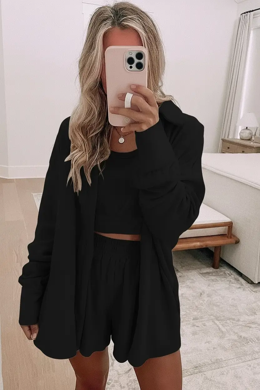 Grateful Threads Boutique The Cozy Confidence 3-Piece Lounge Set - Outfit Sets 3 pcs Crop Tank Top Shorts with Cardigan Lounge Set