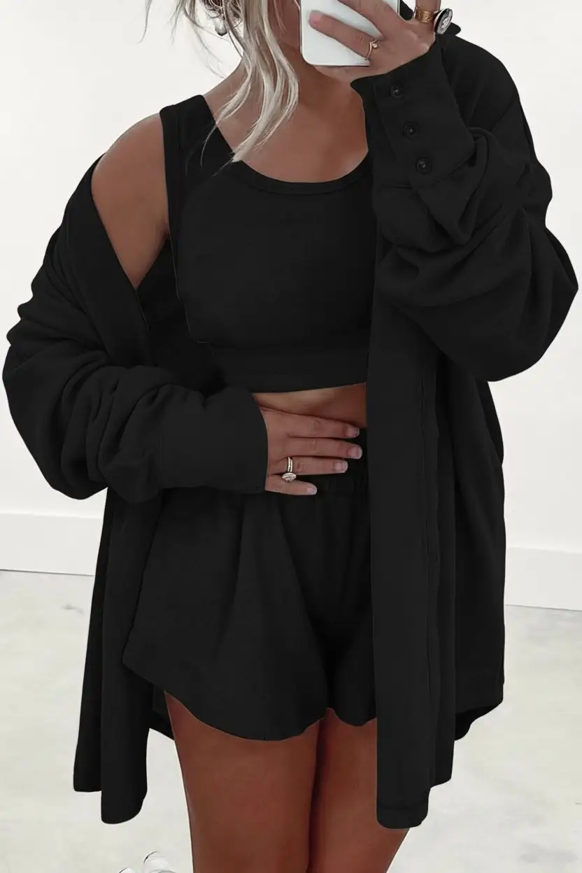 Grateful Threads Boutique The Cozy Confidence 3-Piece Lounge Set - Outfit Sets 3 pcs Crop Tank Top Shorts with Cardigan Lounge Set