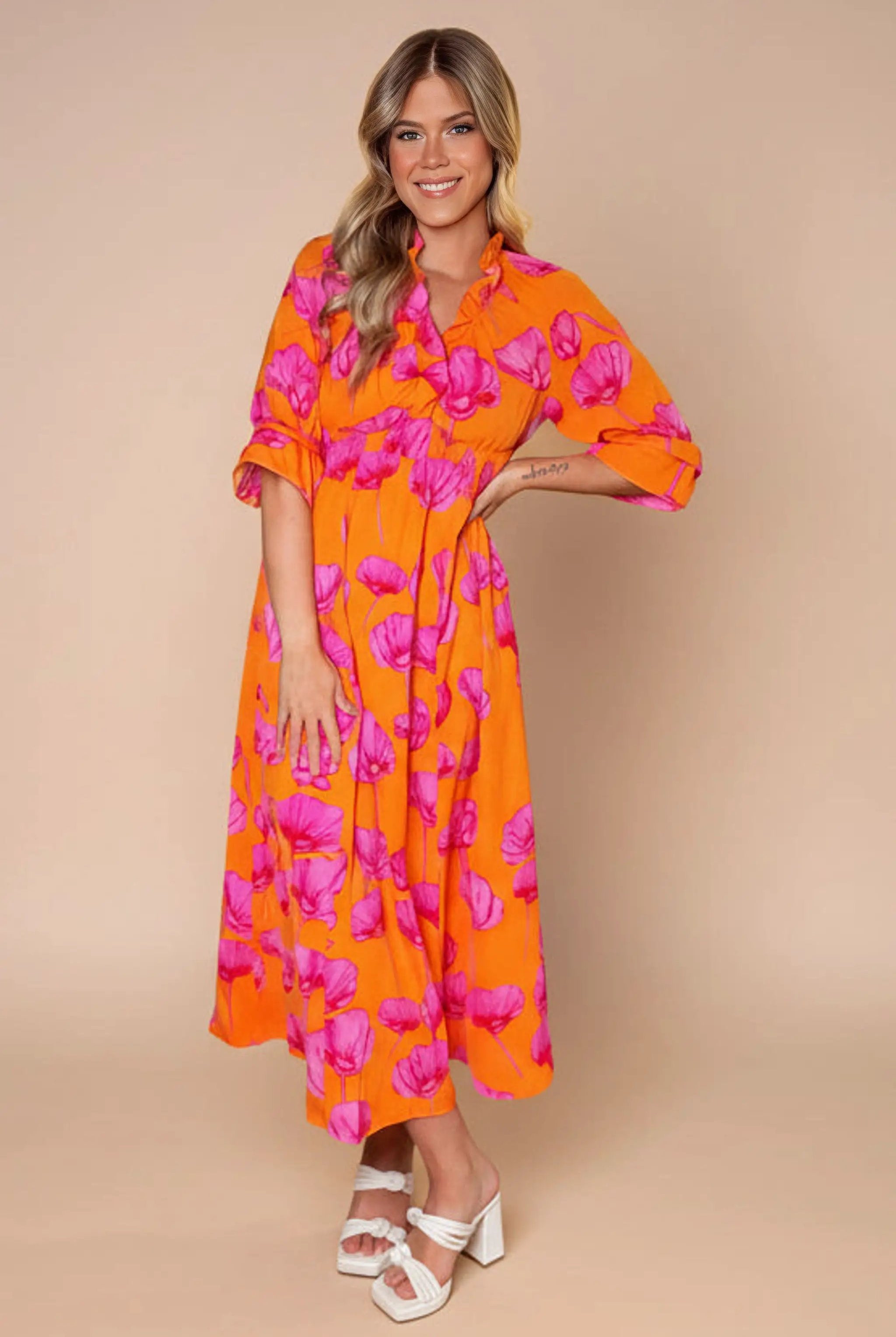 Grateful Threads Boutique Orange Floral Print Frilly Smocked V Neck 3/4 Sleeve Long Dress - Dresses Orange Floral Print Frilly Smocked V Neck 3/4 Sleeve Long Dress