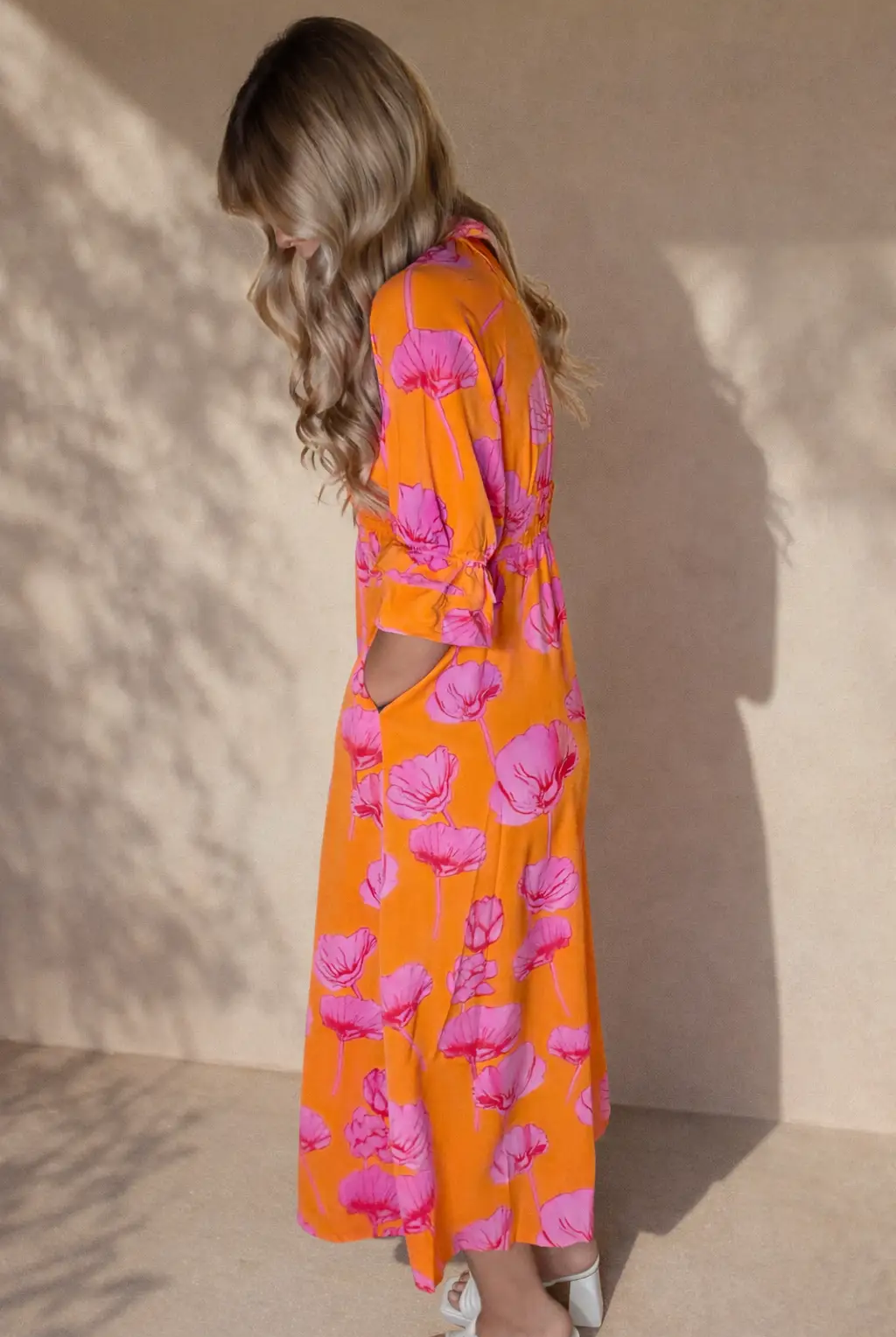Grateful Threads Boutique Orange Floral Print Frilly Smocked V Neck 3/4 Sleeve Long Dress - Dresses Orange Floral Print Frilly Smocked V Neck 3/4 Sleeve Long Dress