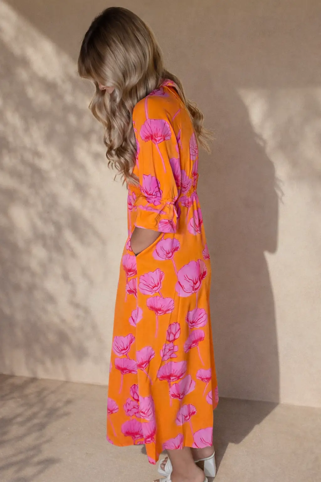 Grateful Threads Boutique Orange Floral Print Frilly Smocked V Neck 3/4 Sleeve Long Dress - Dresses Orange Floral Print Frilly Smocked V Neck 3/4 Sleeve Long Dress