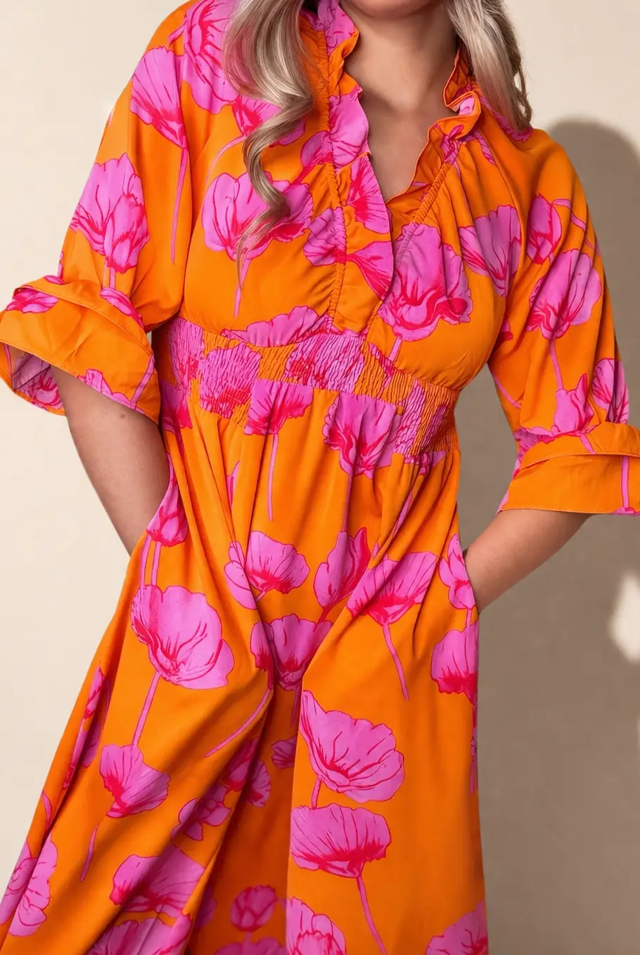 Grateful Threads Boutique Orange Floral Print Frilly Smocked V Neck 3/4 Sleeve Long Dress - Dresses Orange Floral Print Frilly Smocked V Neck 3/4 Sleeve Long Dress