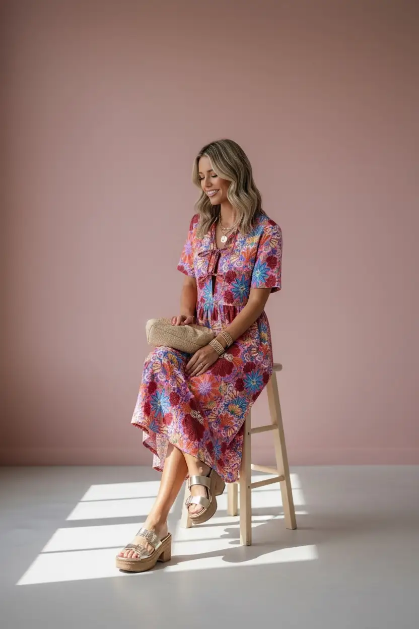 Grateful Threads Boutique Rose Floral Print Tie High Waist Short Sleeve Long Dress - Dresses rose floral loose long dress