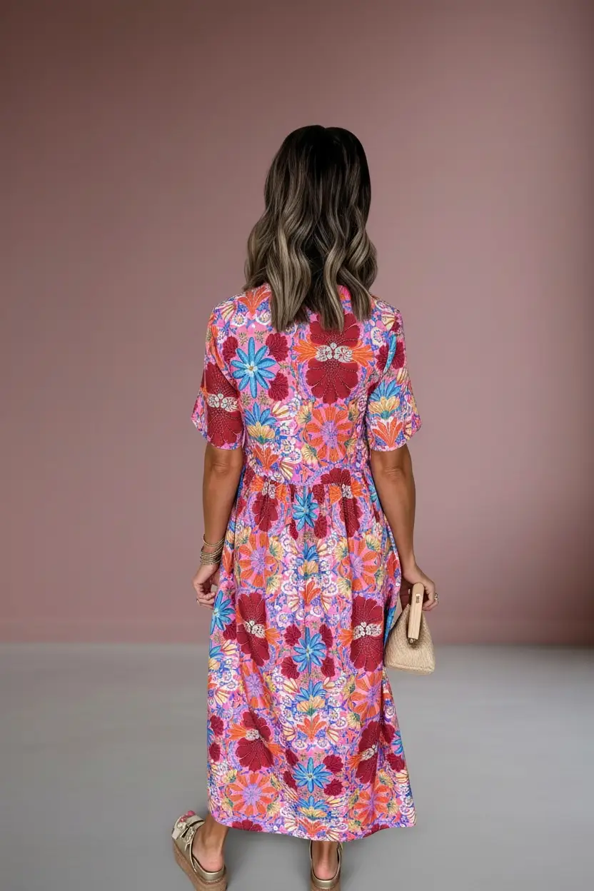 Grateful Threads Boutique Rose Floral Print Tie High Waist Short Sleeve Long Dress - Dresses rose floral loose long dress