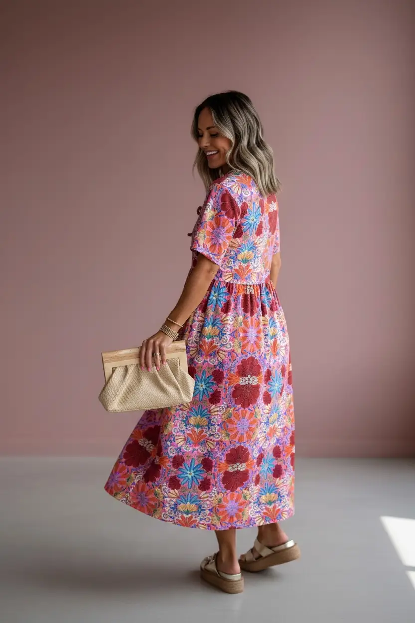 Grateful Threads Boutique Rose Floral Print Tie High Waist Short Sleeve Long Dress - Dresses rose floral loose long dress