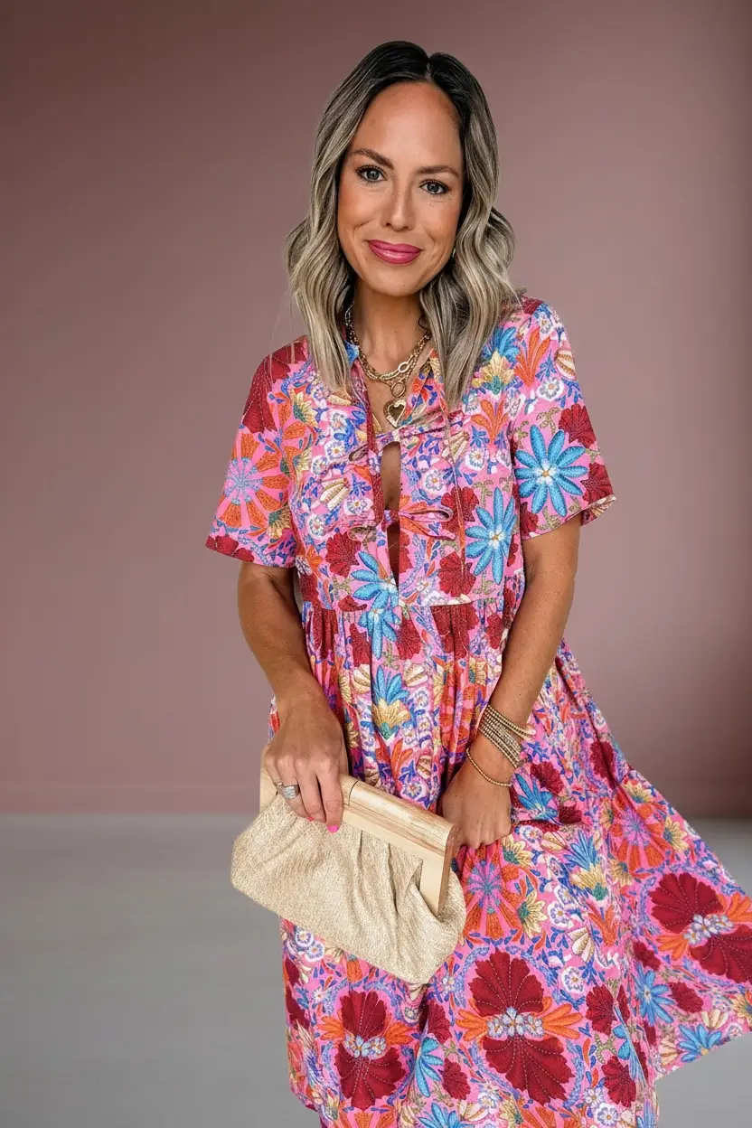 Grateful Threads Boutique Rose Floral Print Tie High Waist Short Sleeve Long Dress - Dresses rose floral loose long dress