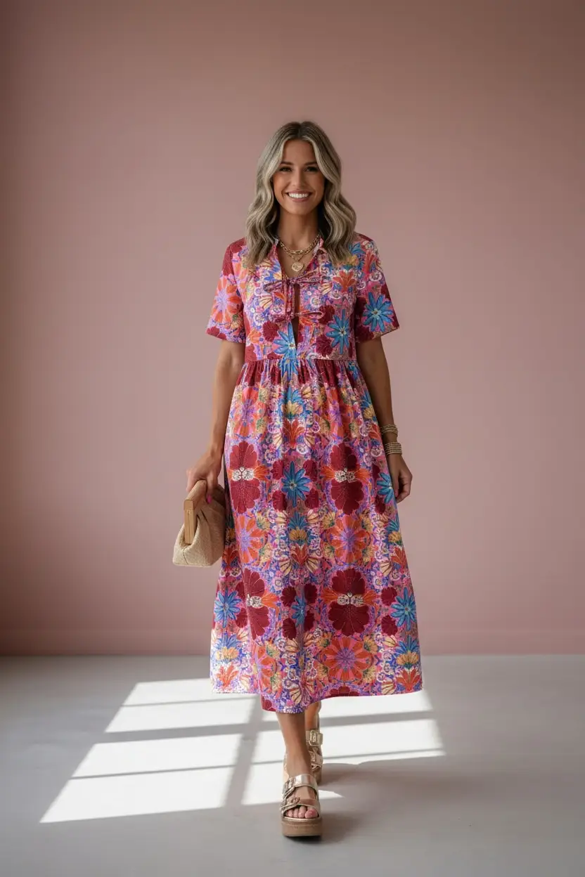 Grateful Threads Boutique Rose Floral Print Tie High Waist Short Sleeve Long Dress - Dresses rose floral loose long dress