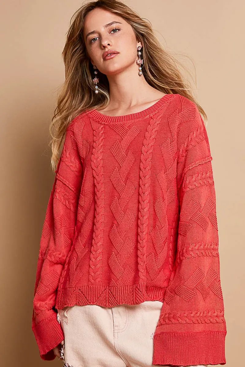 POL POL Oversized Textured Vintage Washed Sweater in Cherry Red - Sweaters