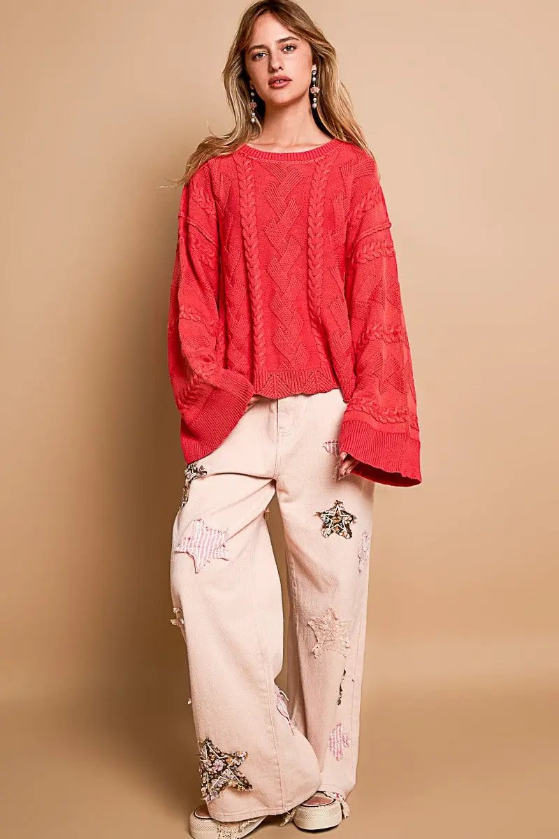 POL POL Oversized Textured Vintage Washed Sweater in Cherry Red - Sweaters