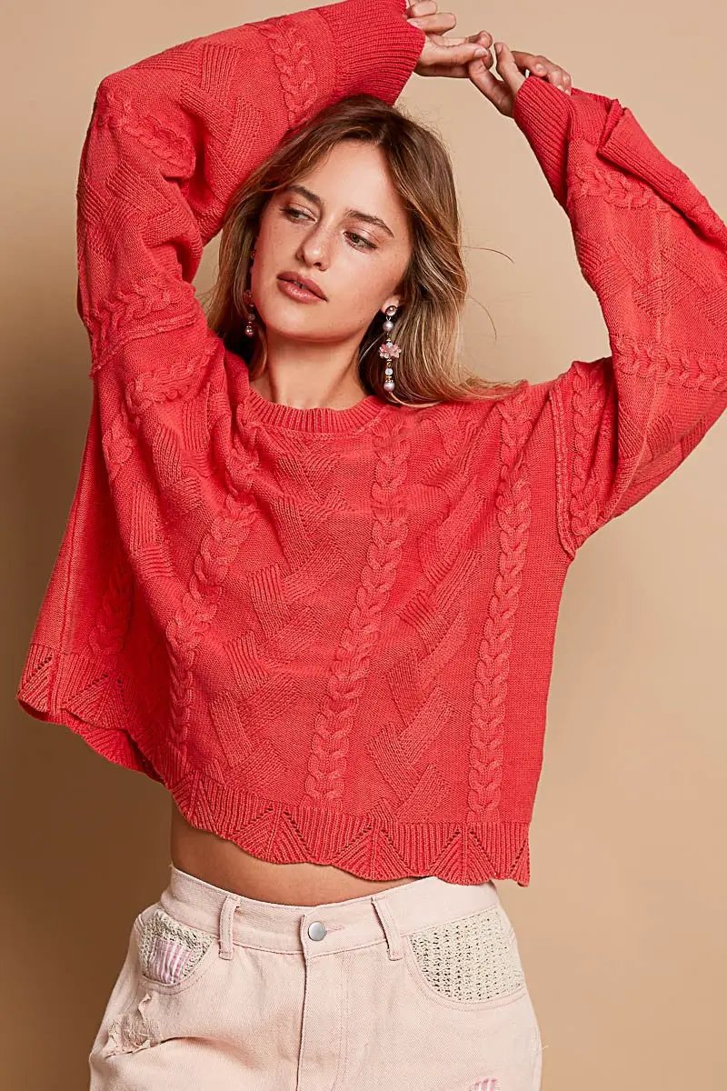 POL POL Oversized Textured Vintage Washed Sweater in Cherry Red - Sweaters