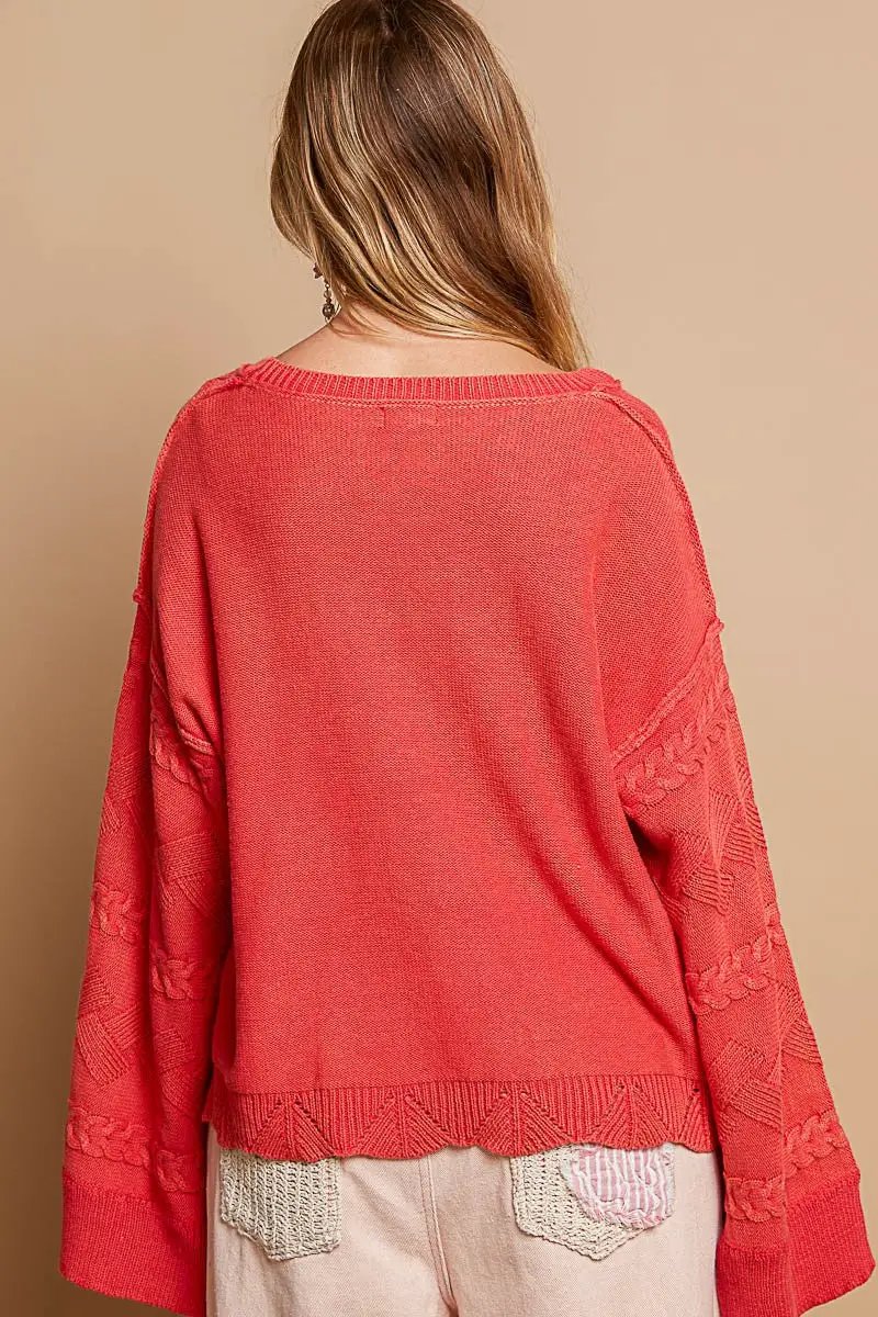 POL POL Oversized Textured Vintage Washed Sweater in Cherry Red - Sweaters