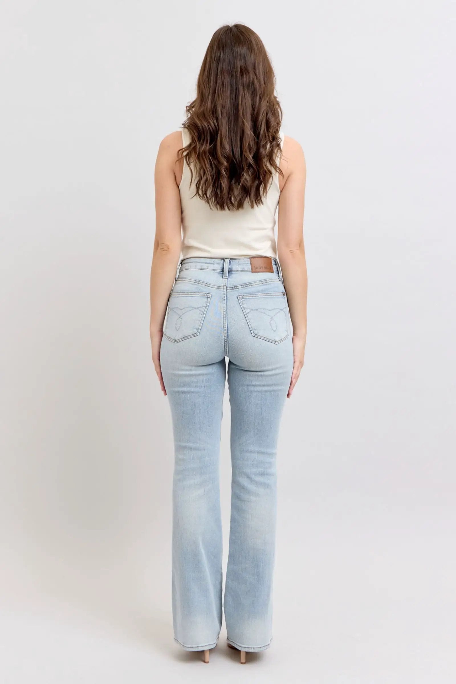 Judy Blue The High Waisted Tummy Control Light Wash Bootcut Denim Jeans: SHORT, REG, LONG Inseam - Jeans Judy Blue High Waisted SHORT Inseam Embroidered Back Pockets Bootcut Denim Jeans