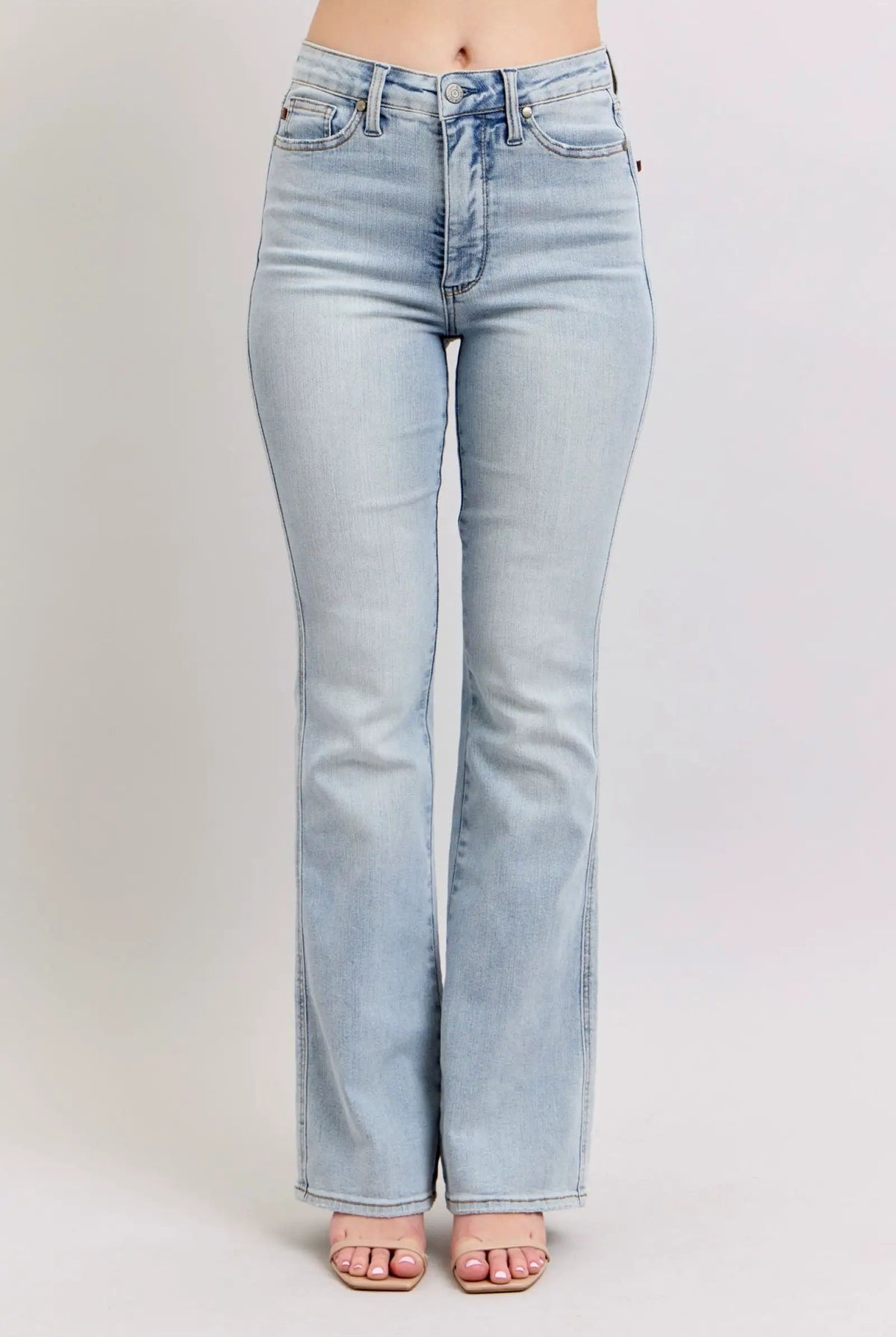 Judy Blue The High Waisted Tummy Control Light Wash Bootcut Denim Jeans: SHORT, REG, LONG Inseam - Jeans Judy Blue High Waisted SHORT Inseam Embroidered Back Pockets Bootcut Denim Jeans