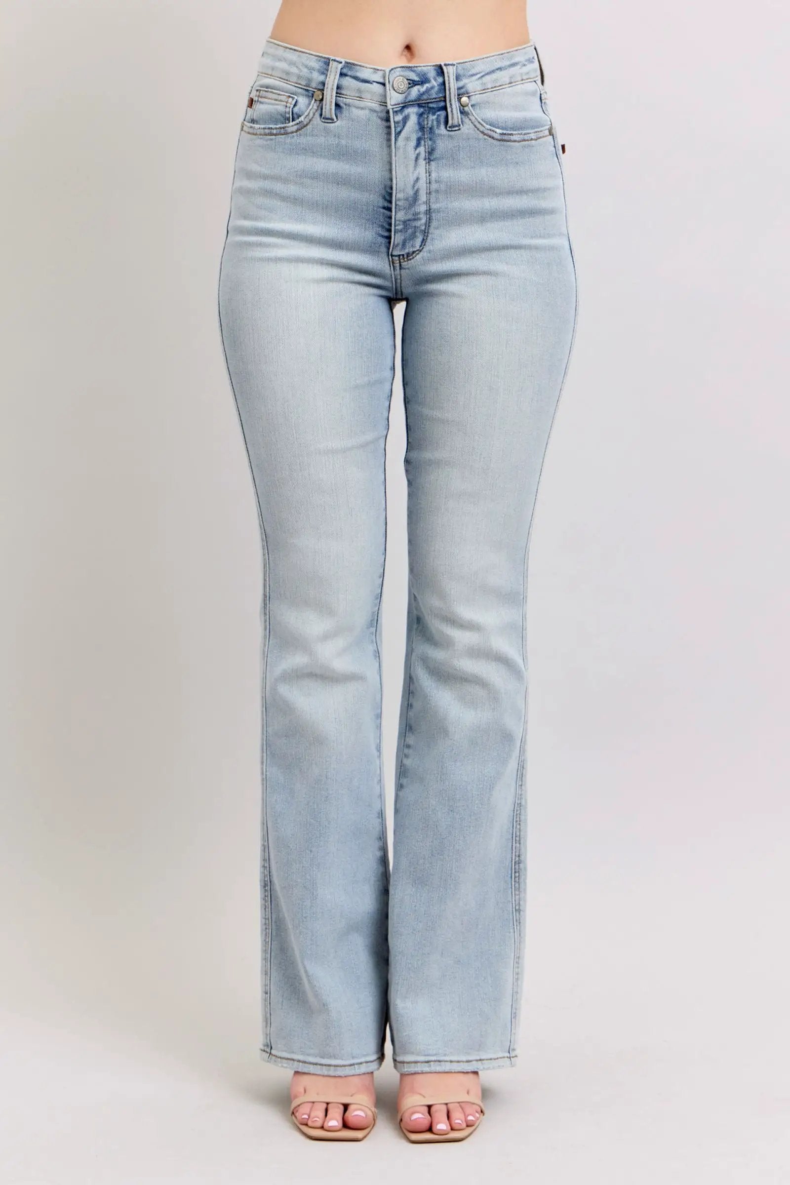 Judy Blue The High Waisted Tummy Control Light Wash Bootcut Denim Jeans: SHORT, REG, LONG Inseam - Jeans Judy Blue High Waisted SHORT Inseam Embroidered Back Pockets Bootcut Denim Jeans