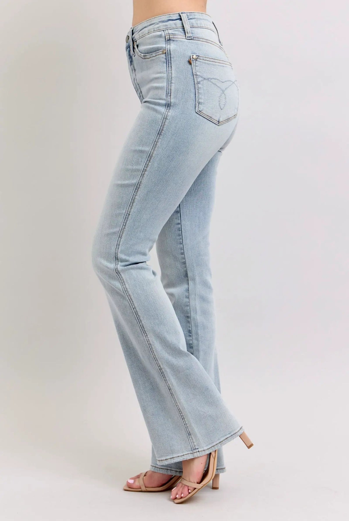 Judy Blue The High Waisted Tummy Control Light Wash Bootcut Denim Jeans: SHORT, REG, LONG Inseam - Jeans Judy Blue High Waisted SHORT Inseam Embroidered Back Pockets Bootcut Denim Jeans