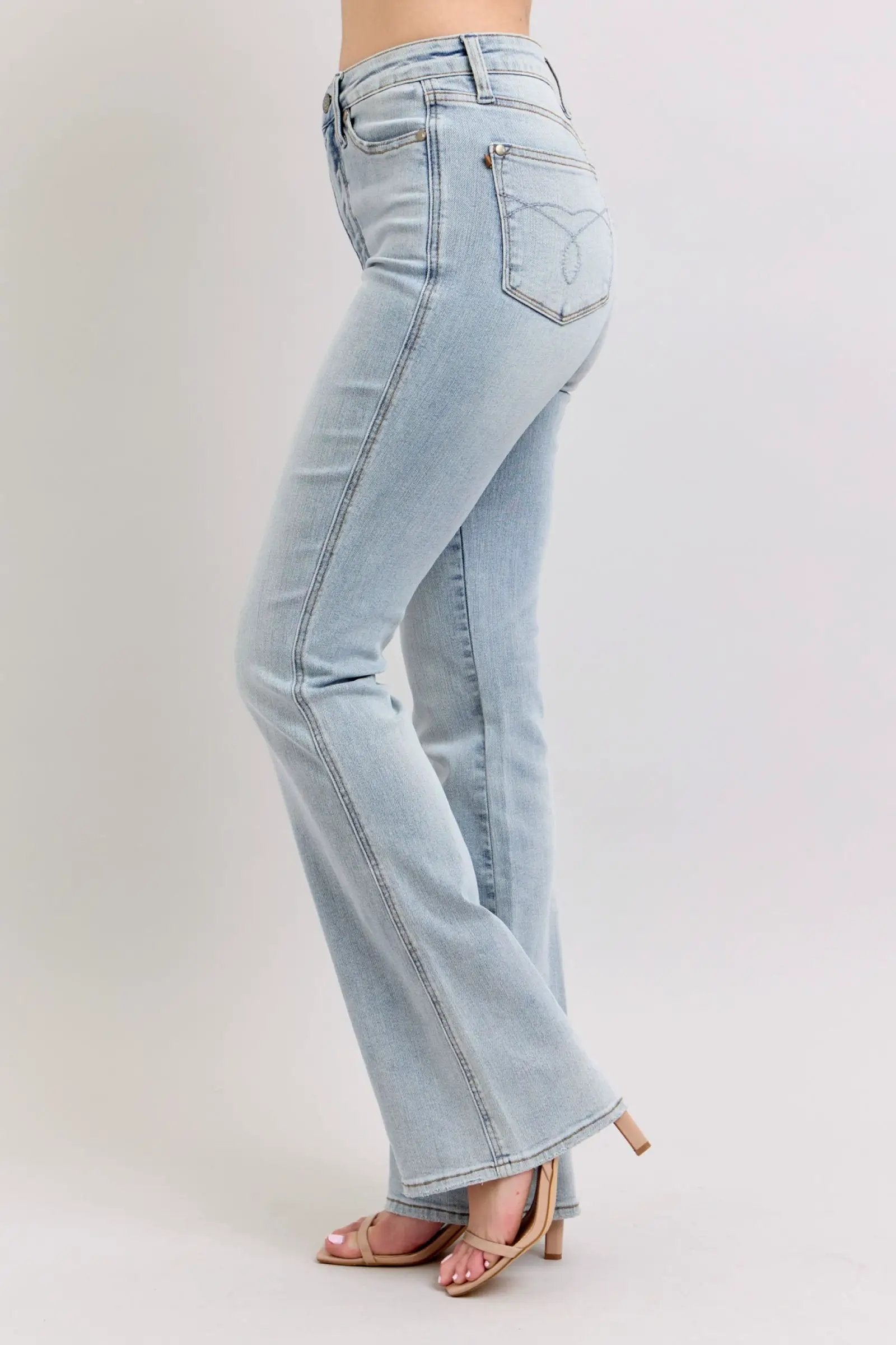 Judy Blue The High Waisted Tummy Control Light Wash Bootcut Denim Jeans: SHORT, REG, LONG Inseam - Jeans Judy Blue High Waisted SHORT Inseam Embroidered Back Pockets Bootcut Denim Jeans