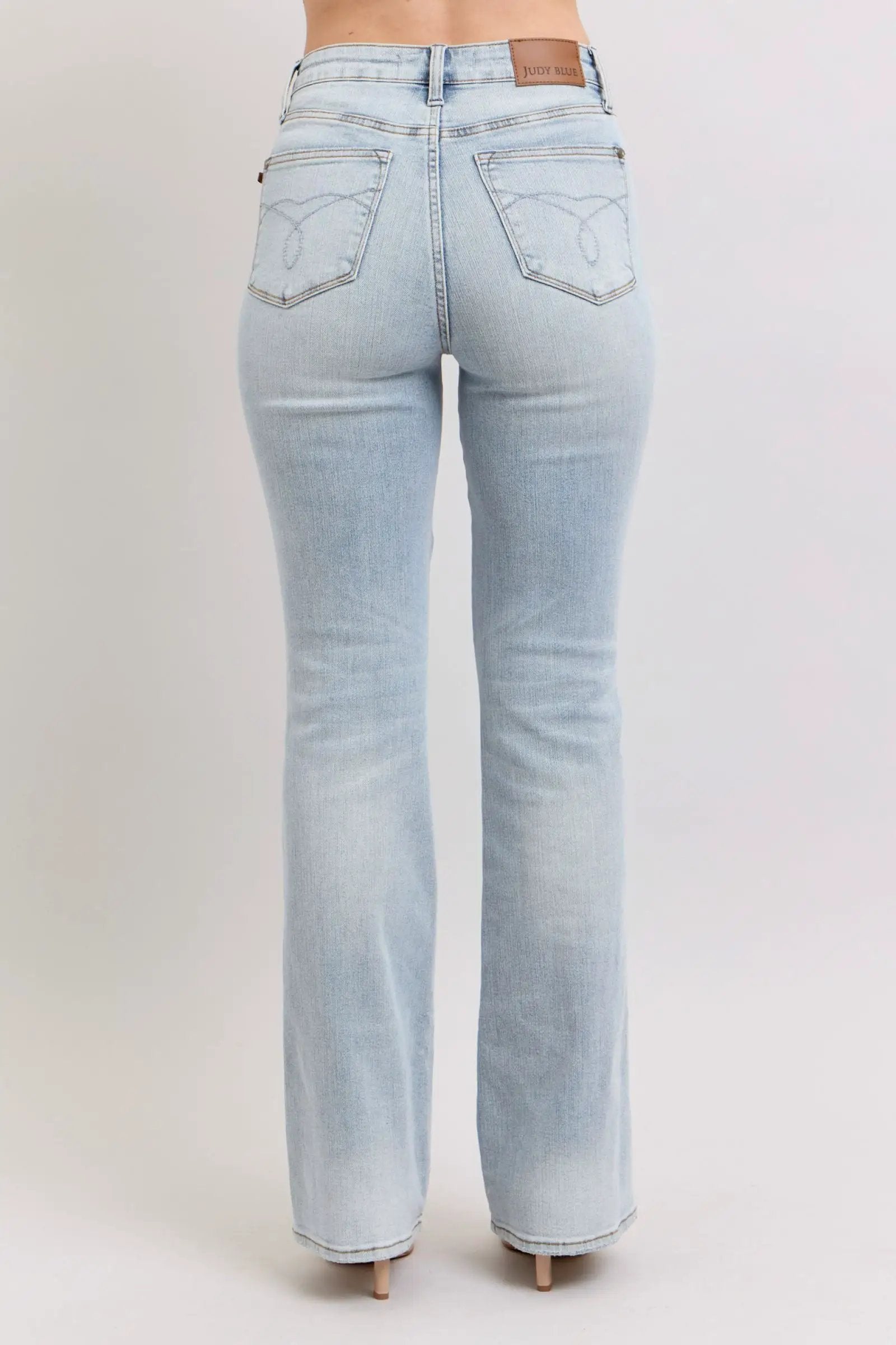 Judy Blue The High Waisted Tummy Control Light Wash Bootcut Denim Jeans: SHORT, REG, LONG Inseam - Jeans Judy Blue High Waisted SHORT Inseam Embroidered Back Pockets Bootcut Denim Jeans