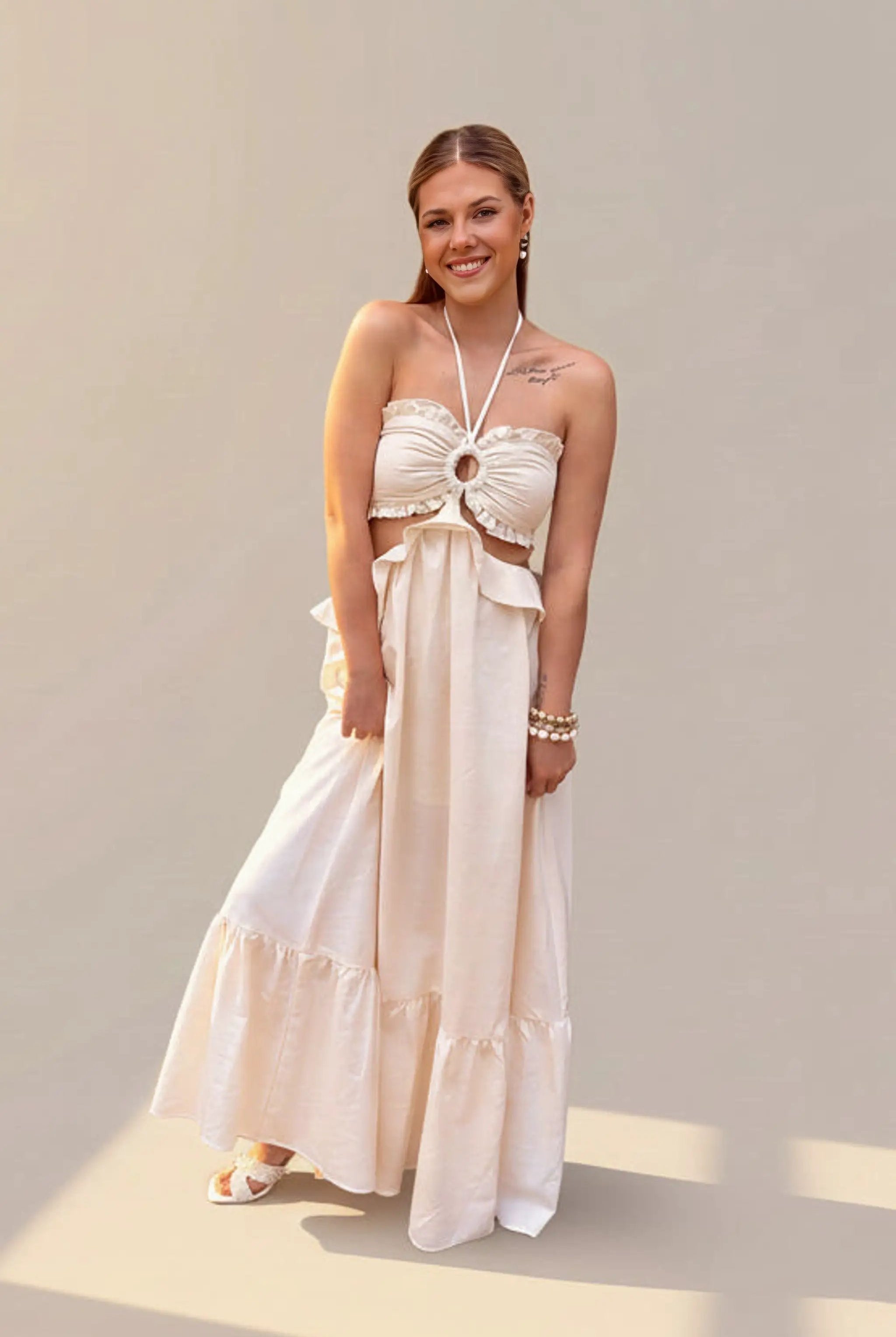 Endless Blu Endless Blu Ivory Cut-Out Ruffled Maxi Halter Dress - One-Pieces