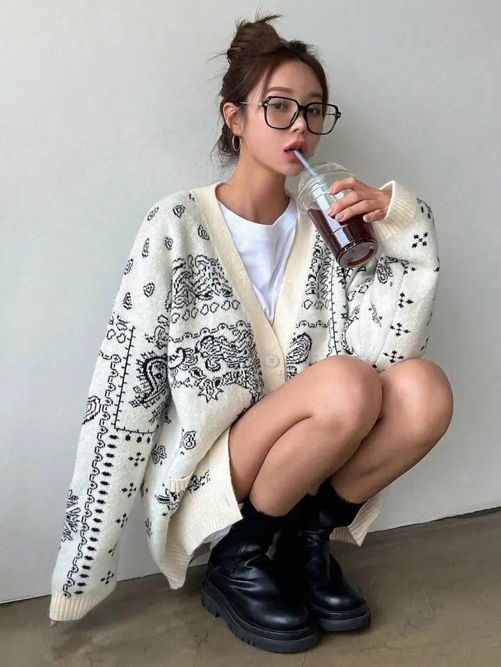 Grateful Threads Boutique Cream & Black Chunky Bandana Knit Oversized Cardigan - Cardigans