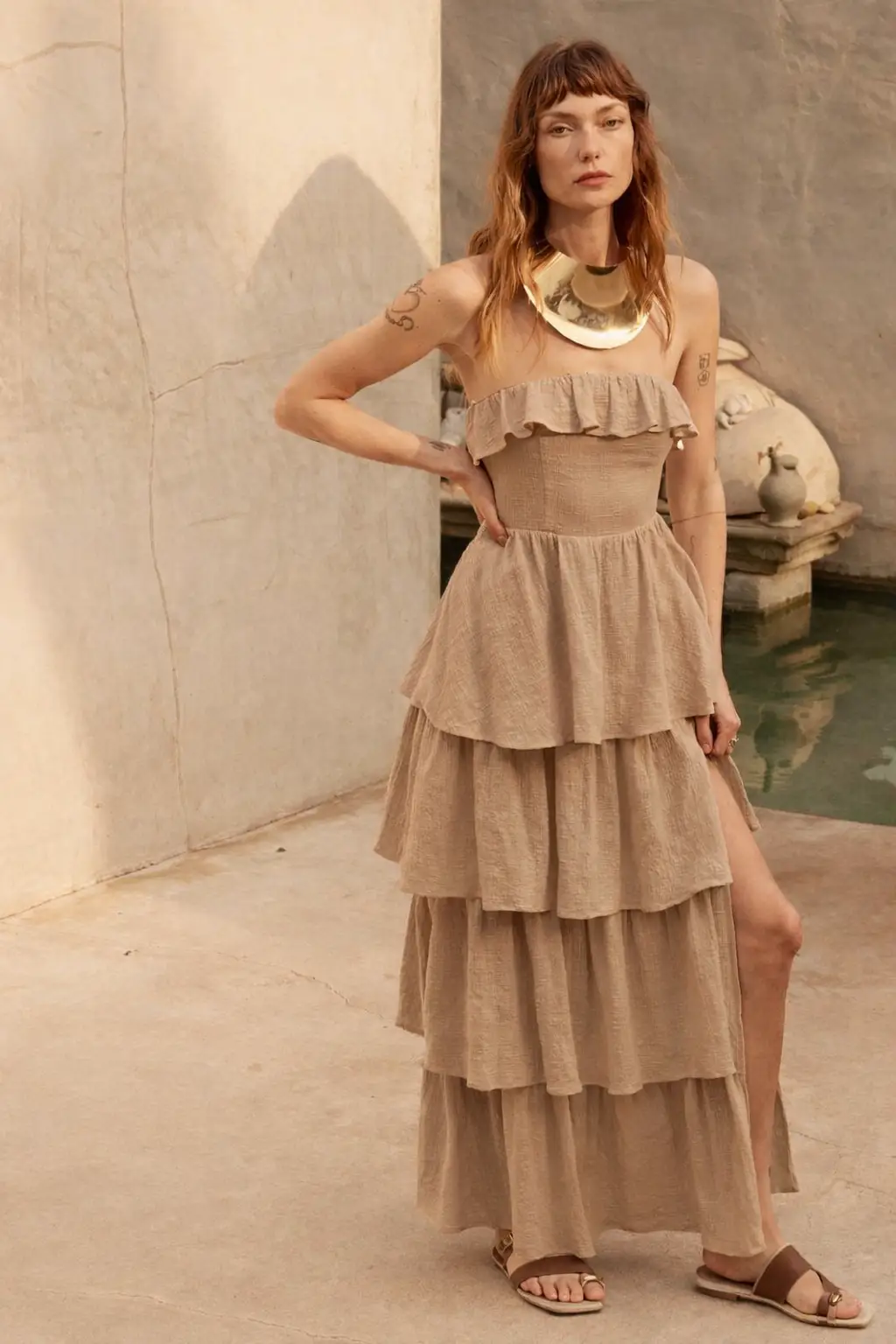 Promesa USA Sand Textured Cotton Strapless Tiered Ruffle Maxi Dress - Dresses Promesa USA Sand Textured Cotton Strapless Tiered Ruffle Maxi Dress