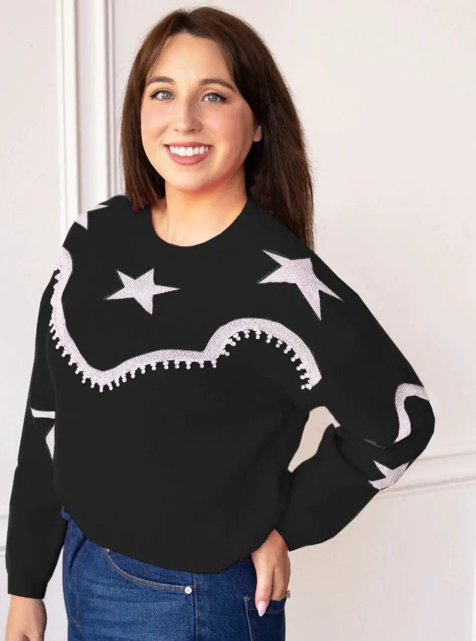 Grace & Emma Rhinestone Wrangler Black Pullover Sweater - Sweaters