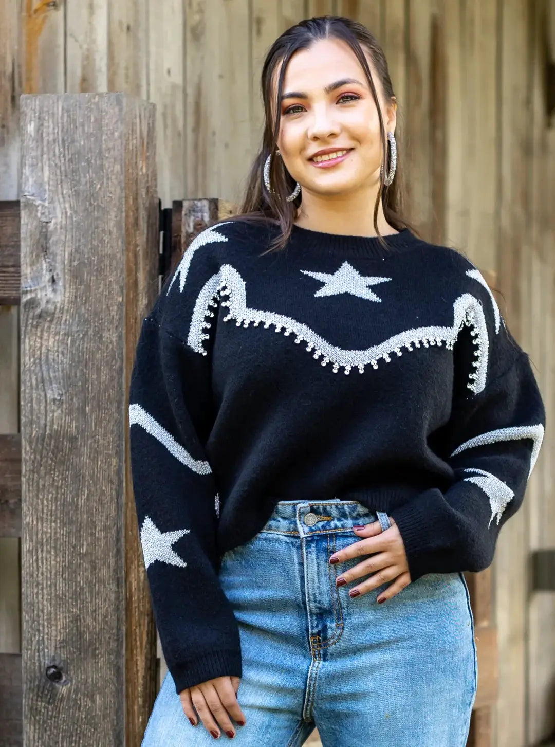 Grace & Emma Rhinestone Wrangler Black Pullover Sweater - Sweaters