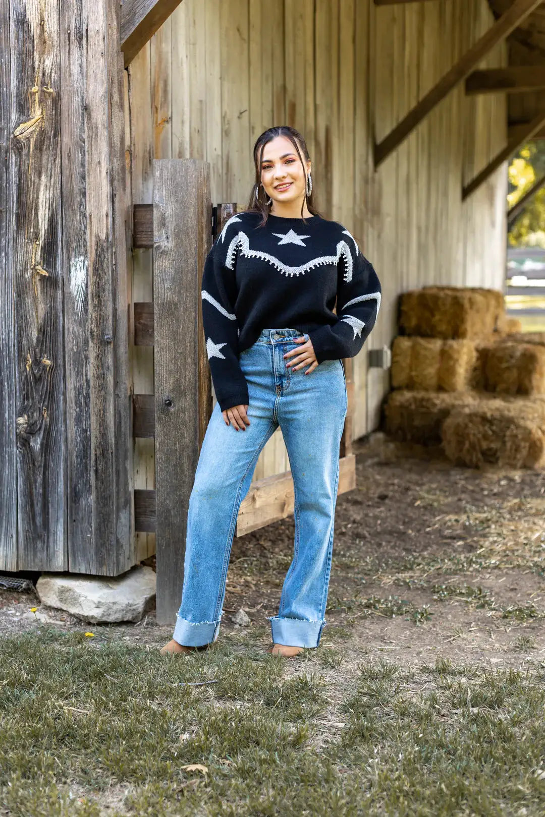 Grace & Emma Rhinestone Wrangler Black Pullover Sweater - Sweaters