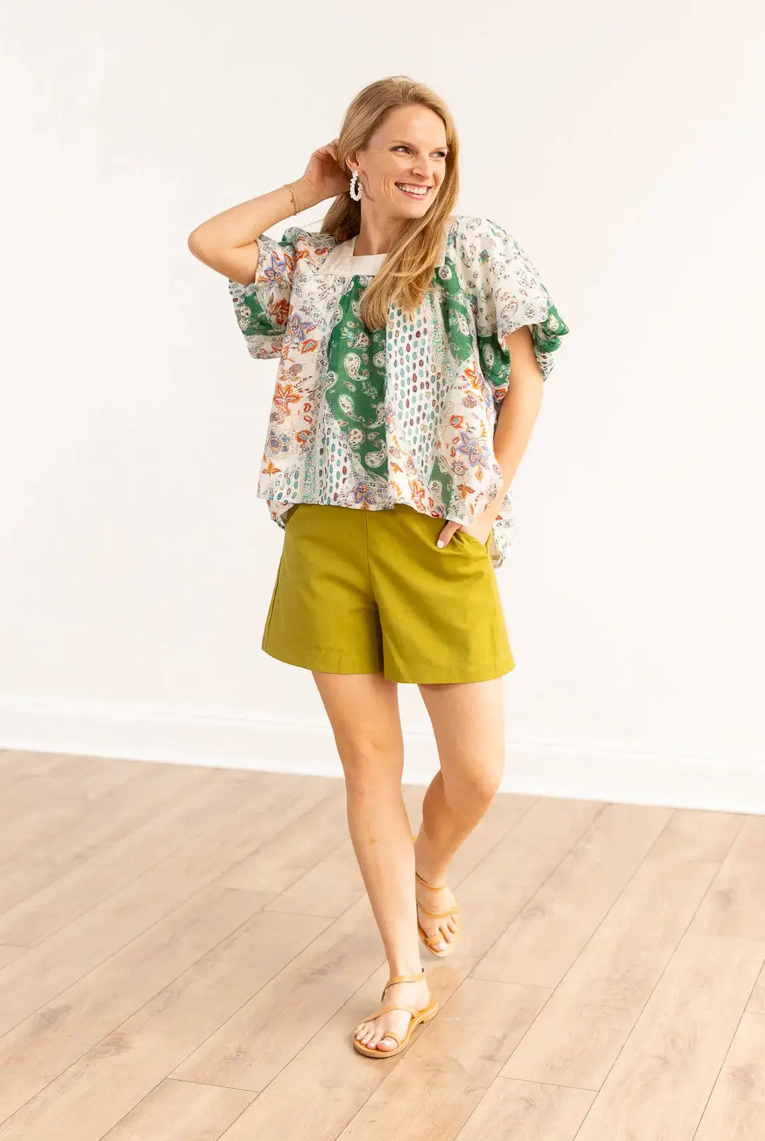 Grace & Emma Chartreuse Breezy Palms Linen Shorts - Short Trousers
