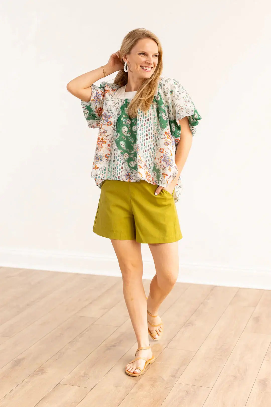 Grace & Emma Chartreuse Breezy Palms Linen Shorts - Short Trousers