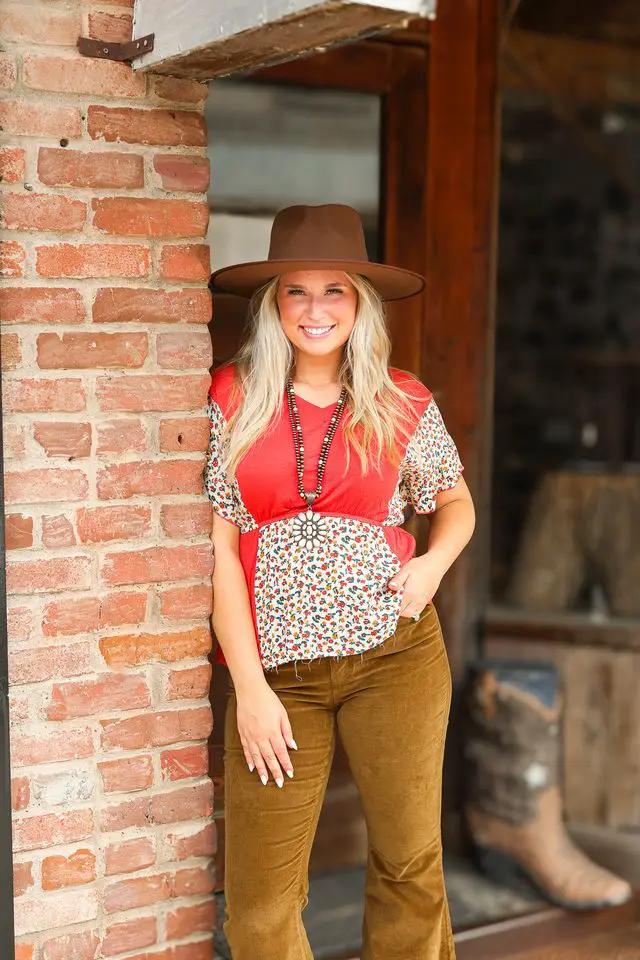 Grace & Emma Red Patchwork Pattern Block Babydoll Top - Blouses