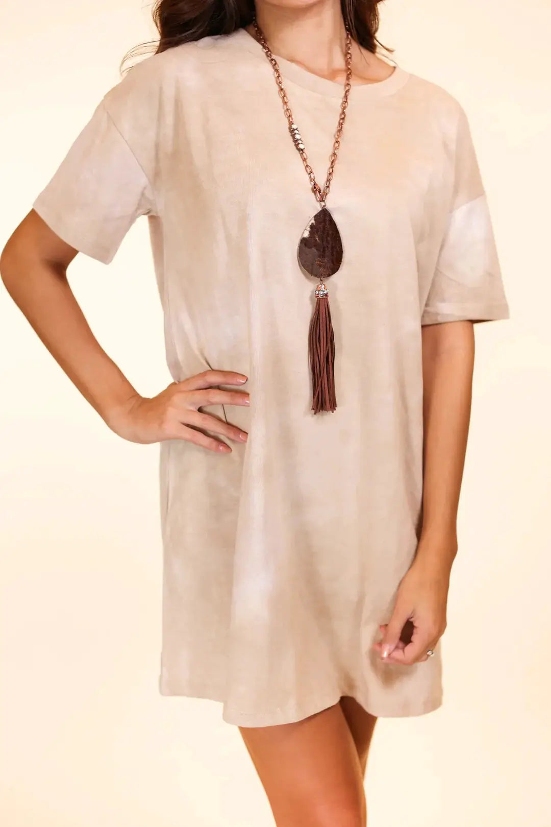 Grace & Emma Adventuresome Beige Tie Dye T-Shirt Dress - Dresses